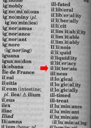 "..., illiteracy, illitterate, illness, ..."